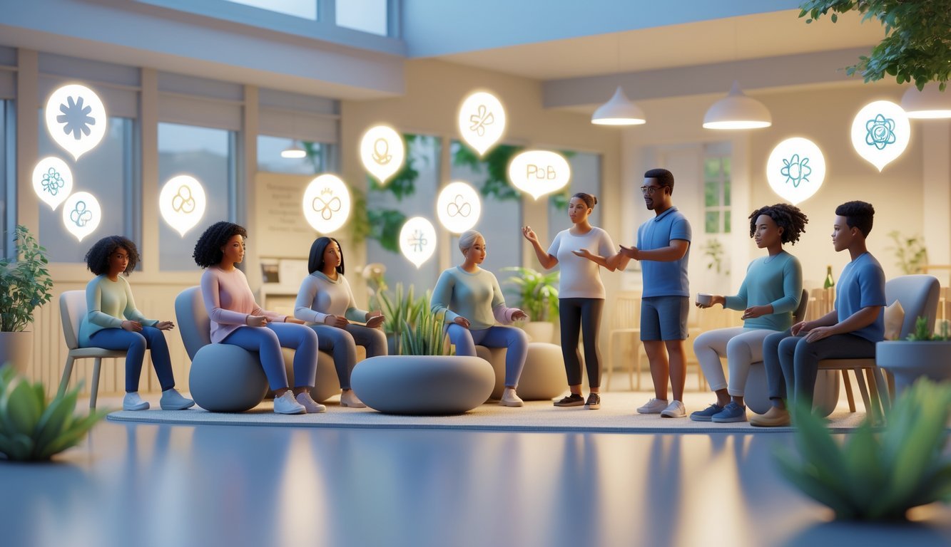 A group of diverse people participating in mental health support activities in a welcoming community center with symbols representing different mental health conditions and elements reflecting Indiana.