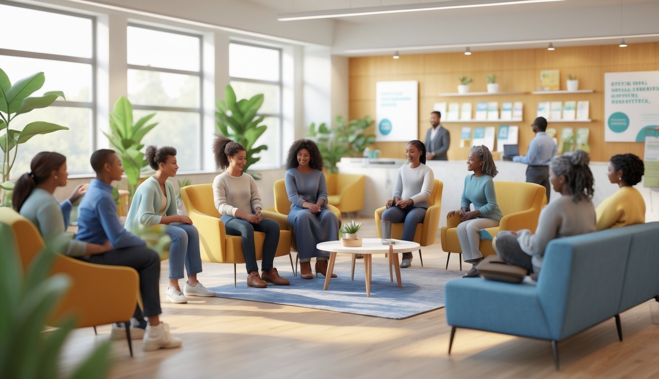 A community center interior where diverse people are engaged in supportive conversations and counseling in a bright, welcoming space with plants and natural light.