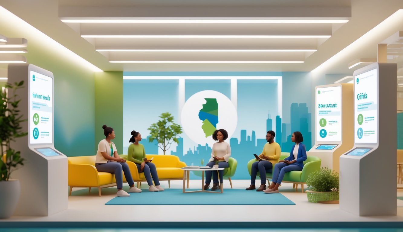 A bright community center where diverse people are engaged in supportive conversations and counseling, surrounded by calming colors and subtle Illinois-themed elements.