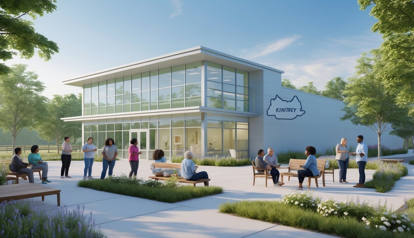 A peaceful mental health support center in Kentucky with diverse people engaging in supportive activities outdoors near a modern building surrounded by trees.
