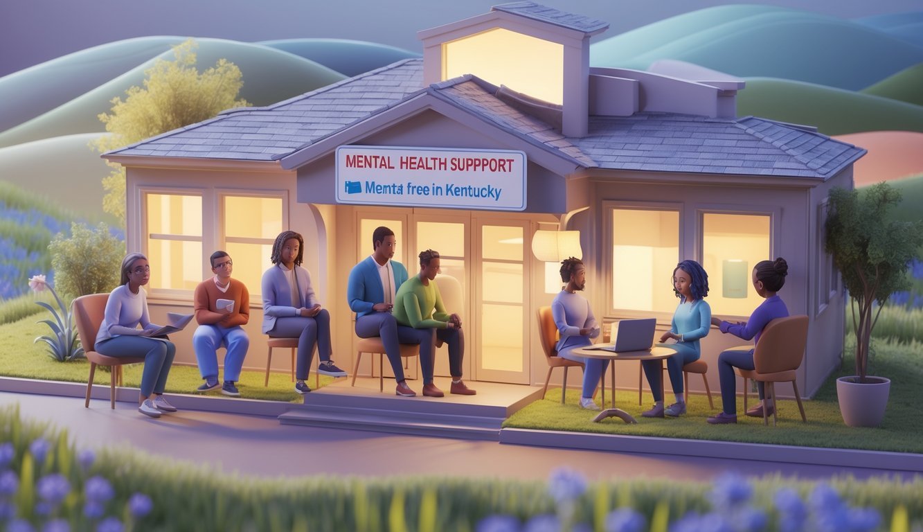 A community center with diverse people engaging in mental health support activities outdoors, set against a Kentucky landscape with hills and fields.