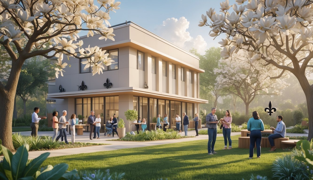 A welcoming mental health center in Louisiana with people engaging in supportive activities outdoors surrounded by trees and greenery.