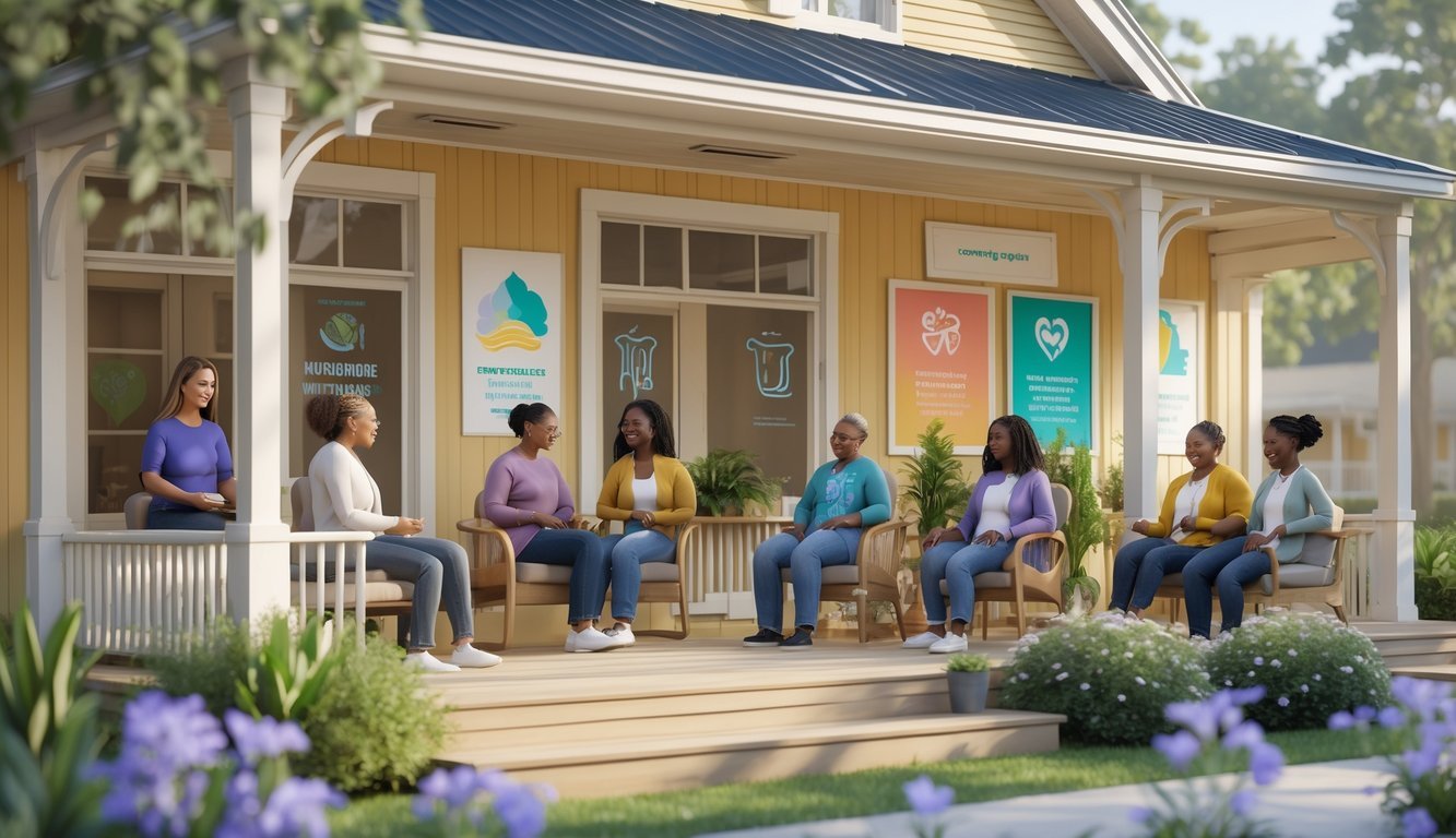 A community center in Louisiana where diverse people participate in mental health support activities in a calm and welcoming environment.