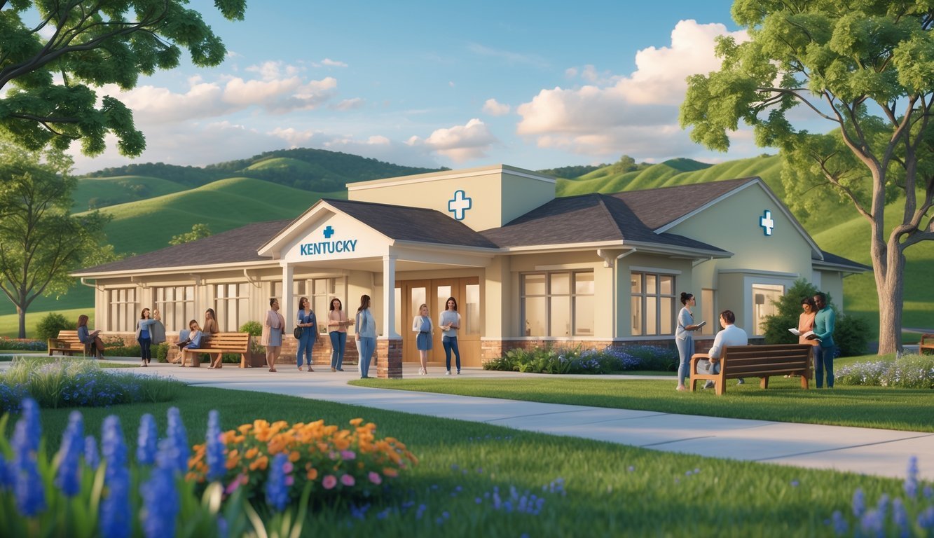 A peaceful outdoor scene showing a welcoming mental health clinic in Kentucky with people interacting and relaxing in a green, natural setting.