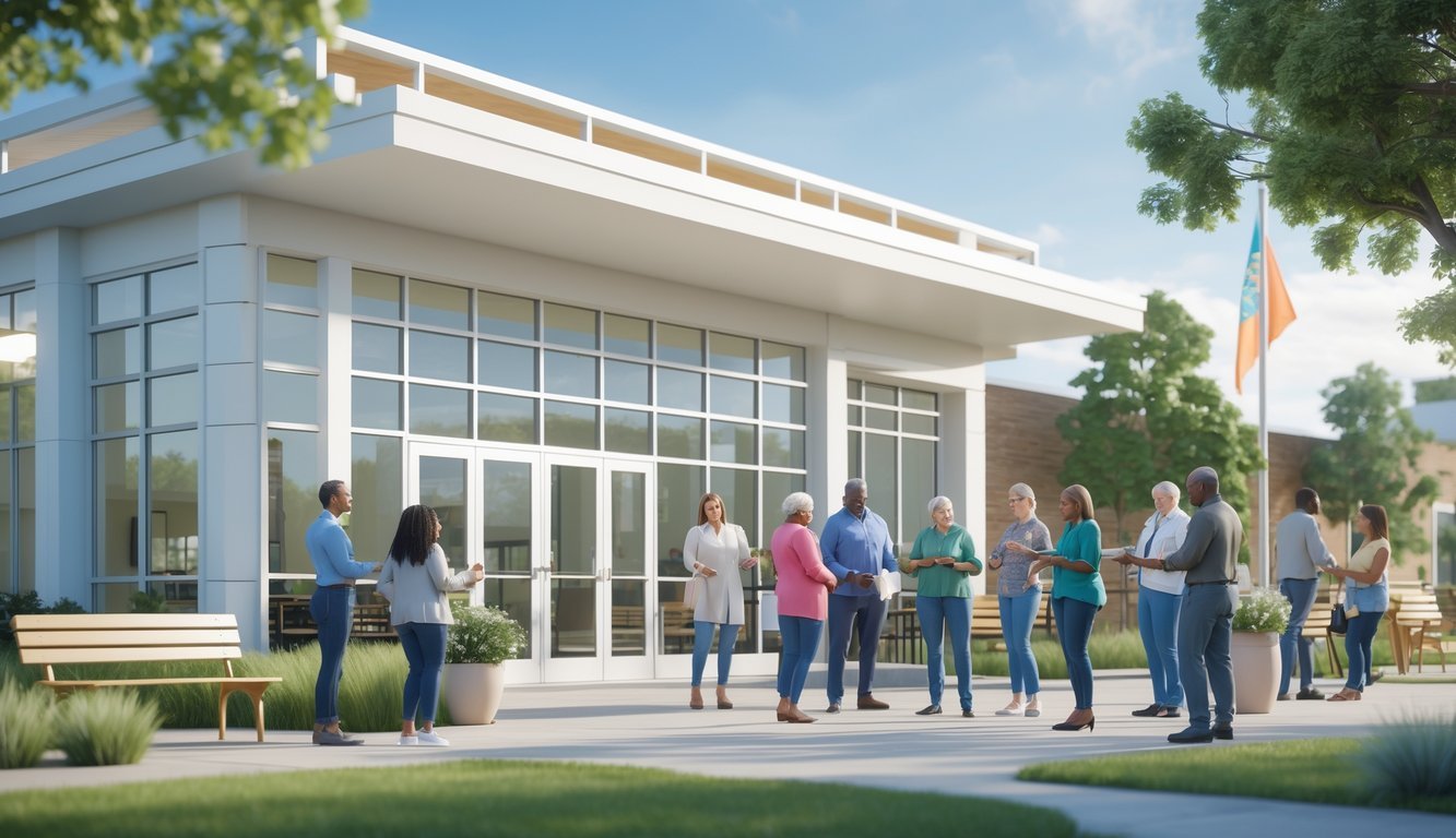 A mental health services center with people interacting outside in a supportive community setting with trees and a flag in the background.