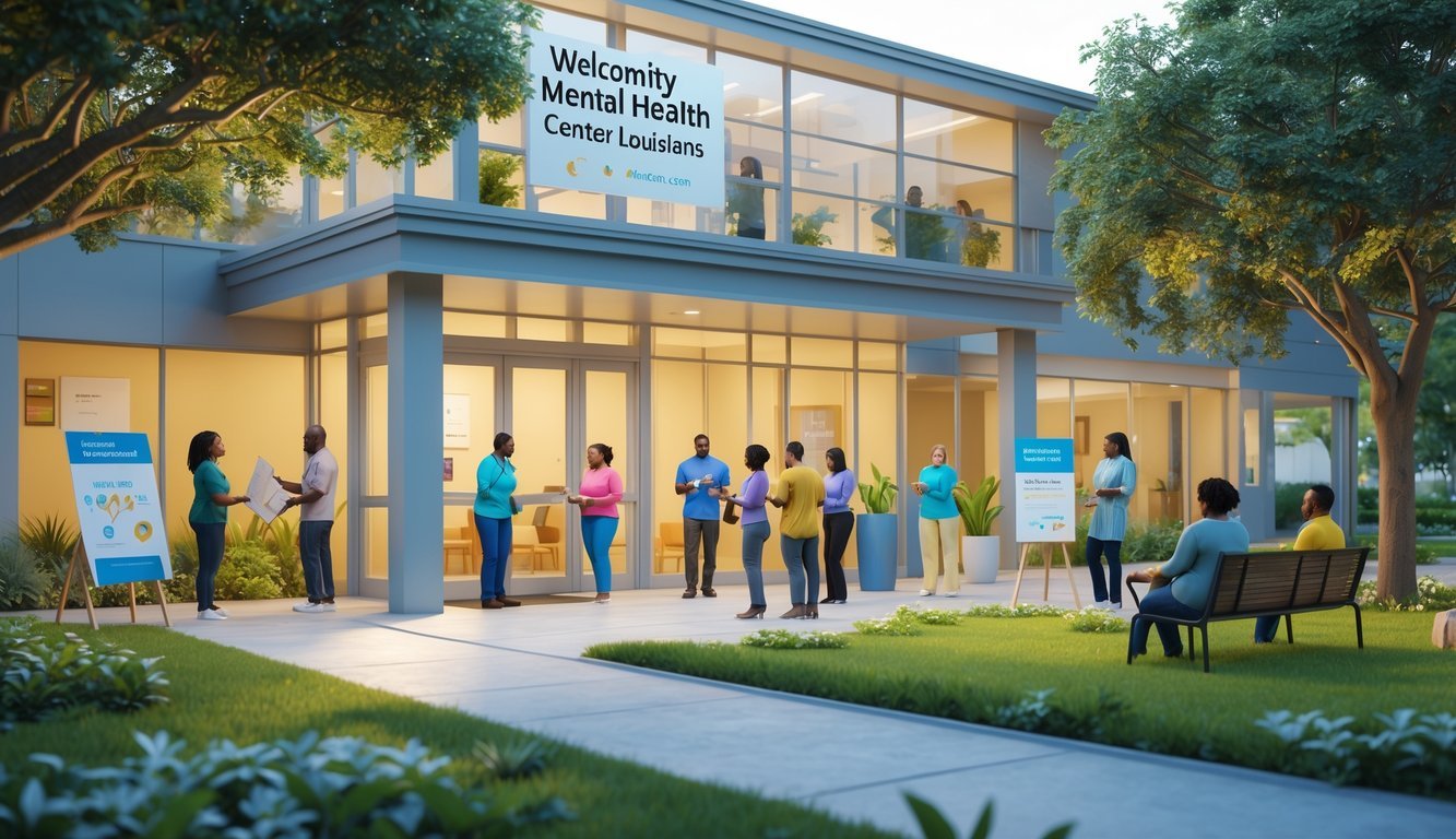 People of diverse backgrounds gathering outside a community mental health center surrounded by trees and benches.