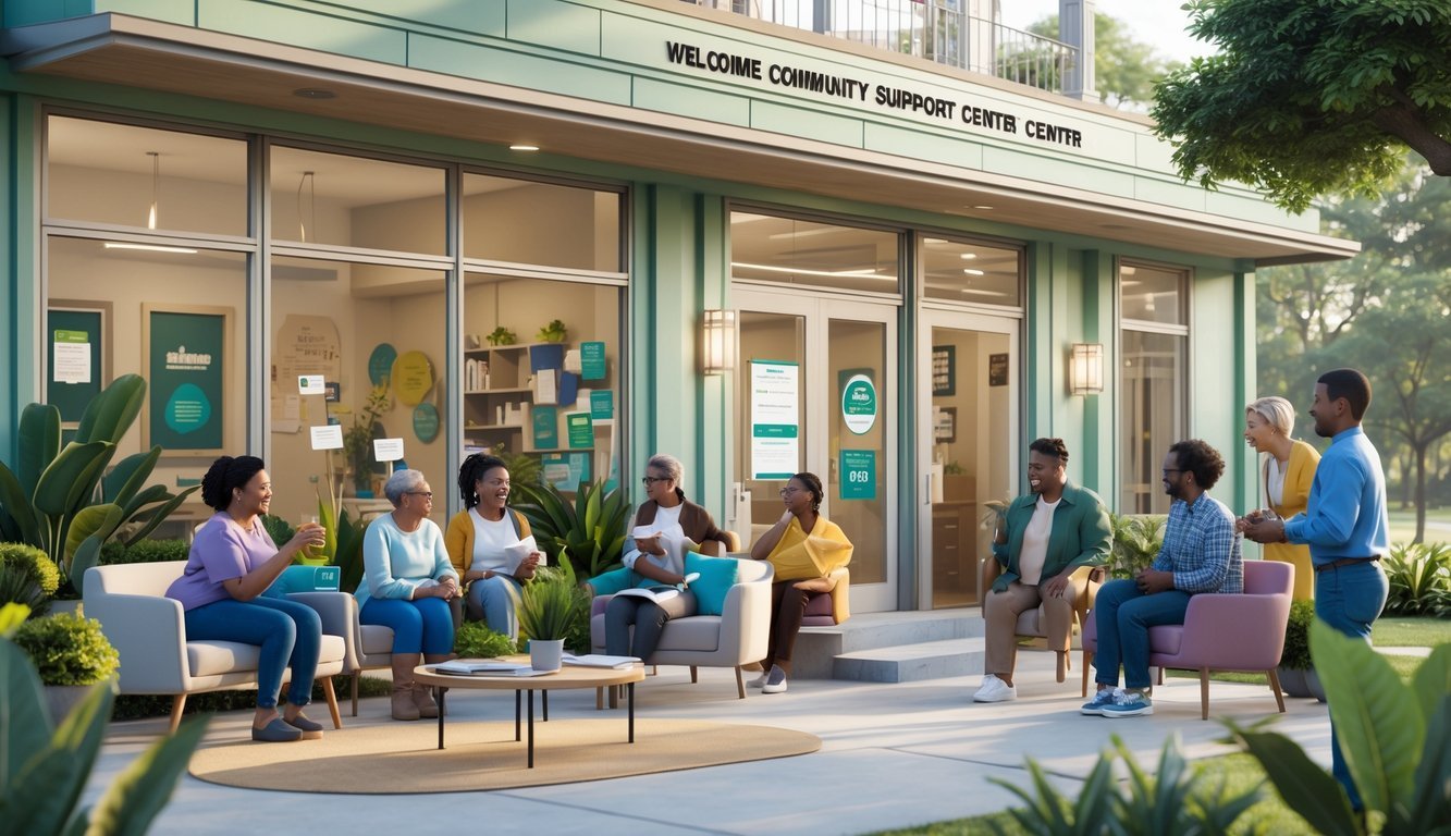 A community support center with diverse people engaging in friendly conversations in a warm and welcoming environment.