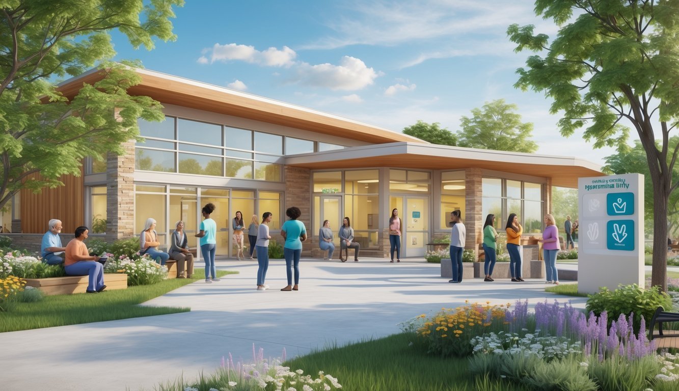 A community mental health center with diverse people engaging in supportive activities outdoors surrounded by greenery and flowers.
