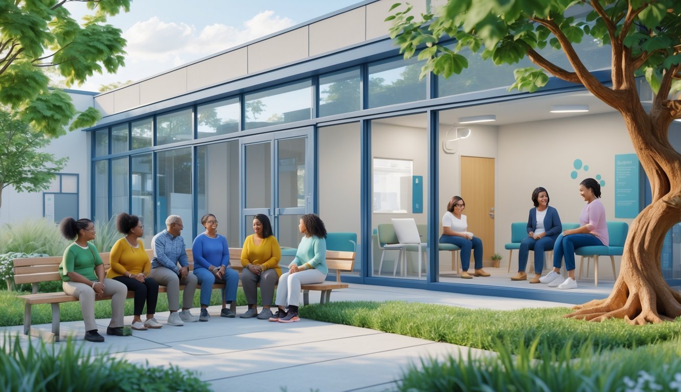 A community mental health center with people participating in group therapy and counseling sessions outdoors and indoors, surrounded by greenery and a tree shaped like a brain.