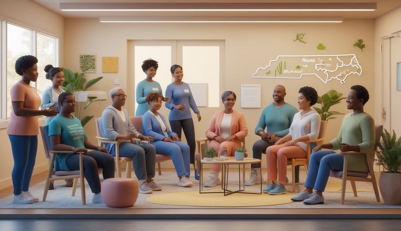 A diverse group of people in a community center receiving mental health support in a calm and welcoming environment.