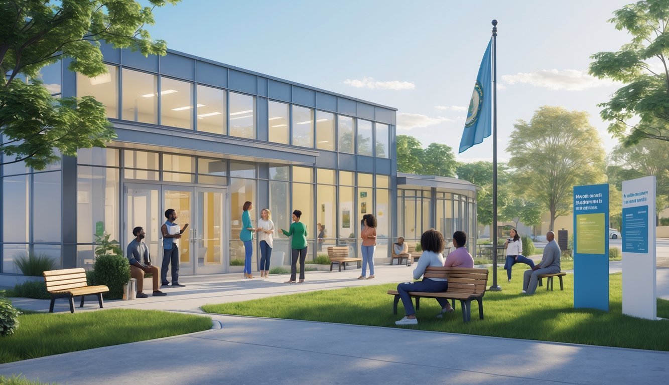 A community center in Massachusetts where diverse people receive mental health support in a calm outdoor and indoor setting.