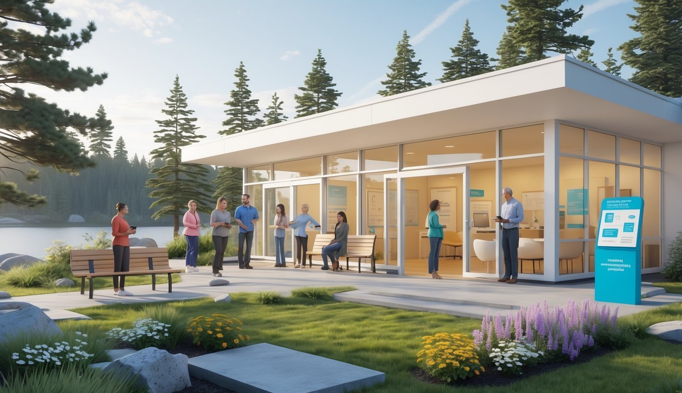 A mental health support center in Maine with people engaging in counseling and group activities surrounded by trees and a lake.