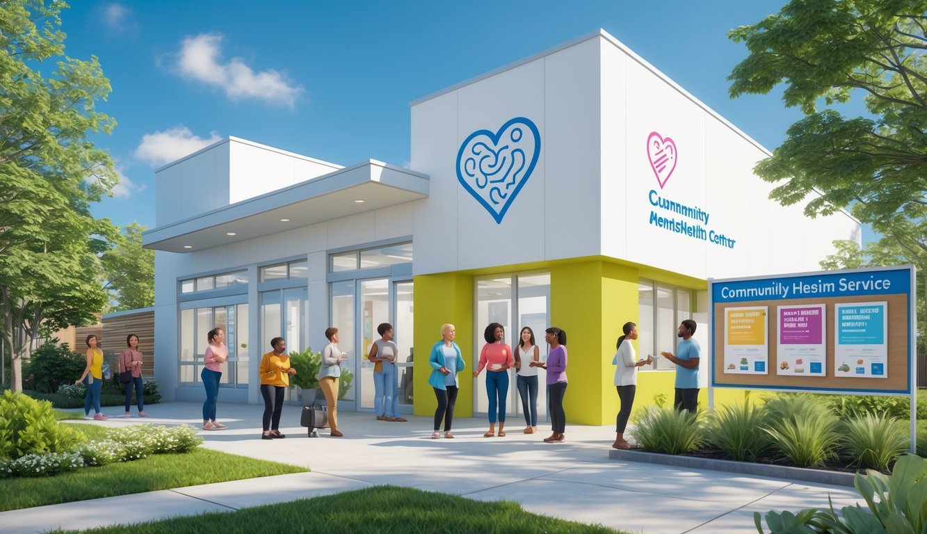 A community mental health center with diverse people entering and talking outside in a bright, welcoming setting surrounded by greenery.