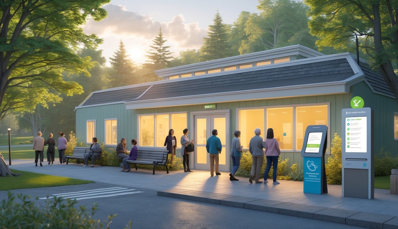 A community mental health center surrounded by trees with people of different ages and backgrounds interacting peacefully outside.