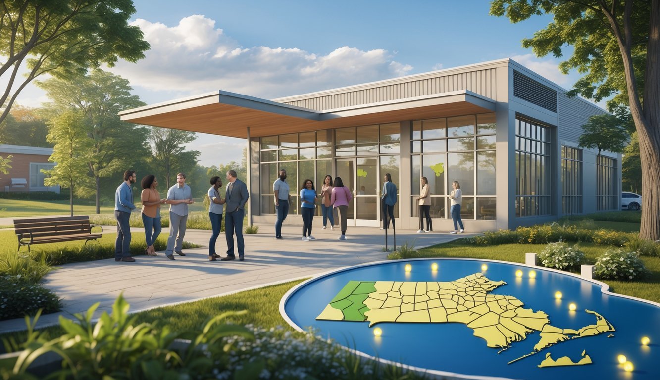 A community mental health center with diverse people interacting outside and a map of Massachusetts showing locations of free mental health services.