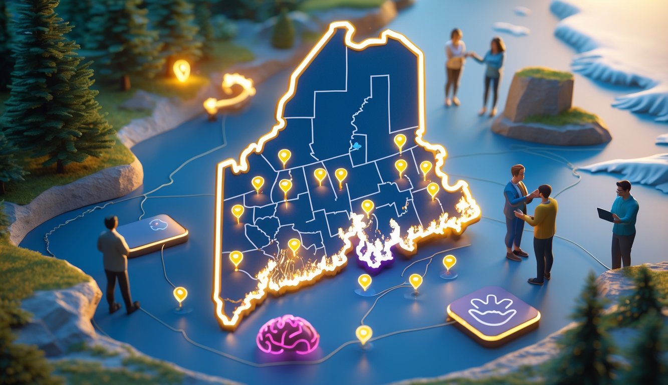 3D map of Maine showing locations of free mental health services with diverse people interacting supportively around it.