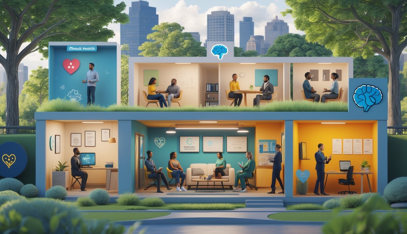 A 3D scene showing people receiving various free mental health services in Minnesota, including counseling, group therapy, virtual sessions, and hotline support in a community center surrounded by a park.