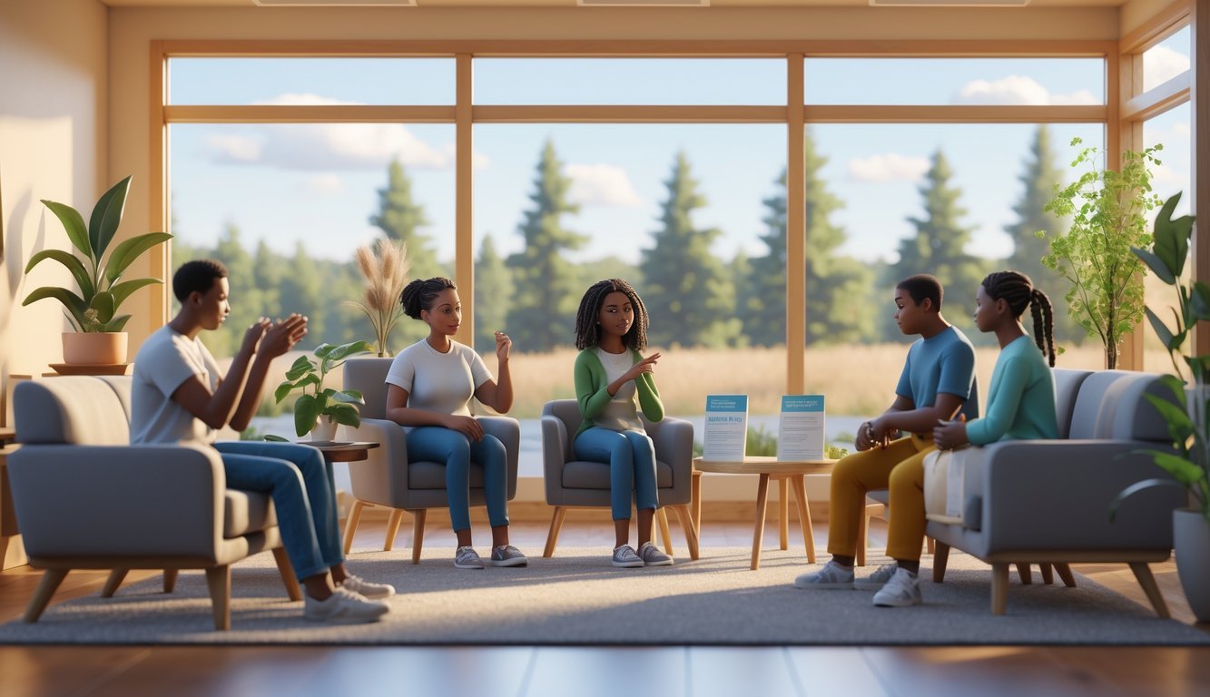A warm community center where people are supporting each other with caring conversations and comforting gestures.