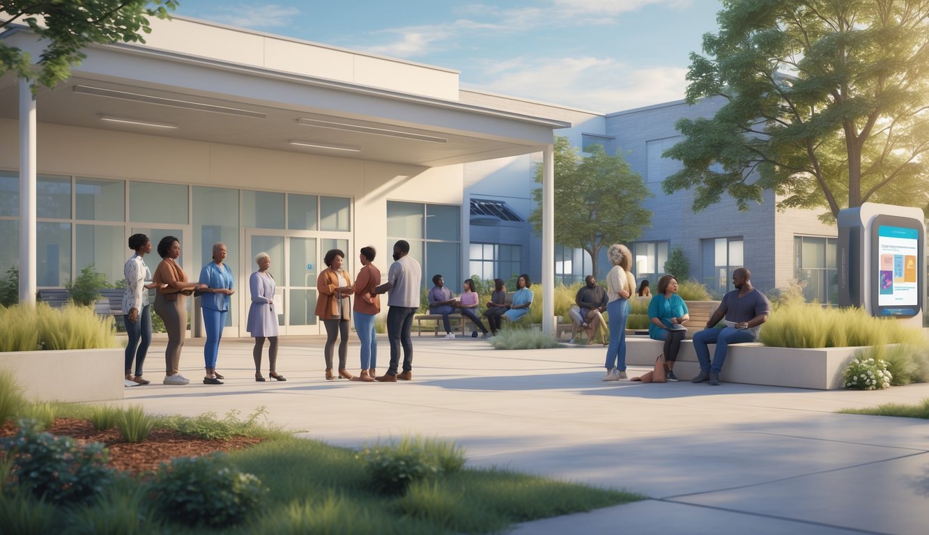 A community mental health center with people talking and receiving support outdoors in a peaceful garden setting.