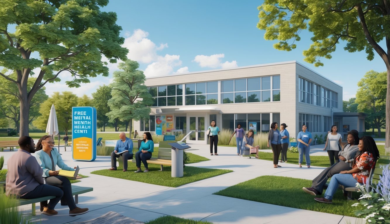 A community mental health center with people engaging in supportive activities outdoors surrounded by trees and a peaceful garden.