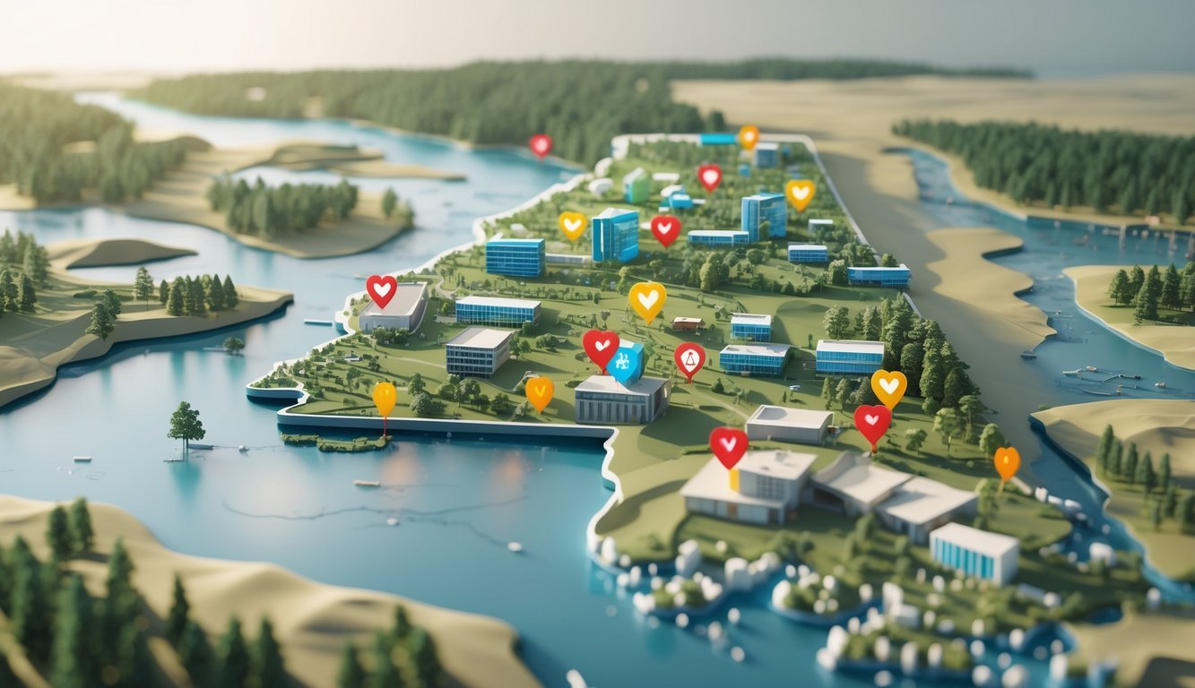 3D map of Mississippi showing locations of mental health service providers with buildings and people gathered around them.