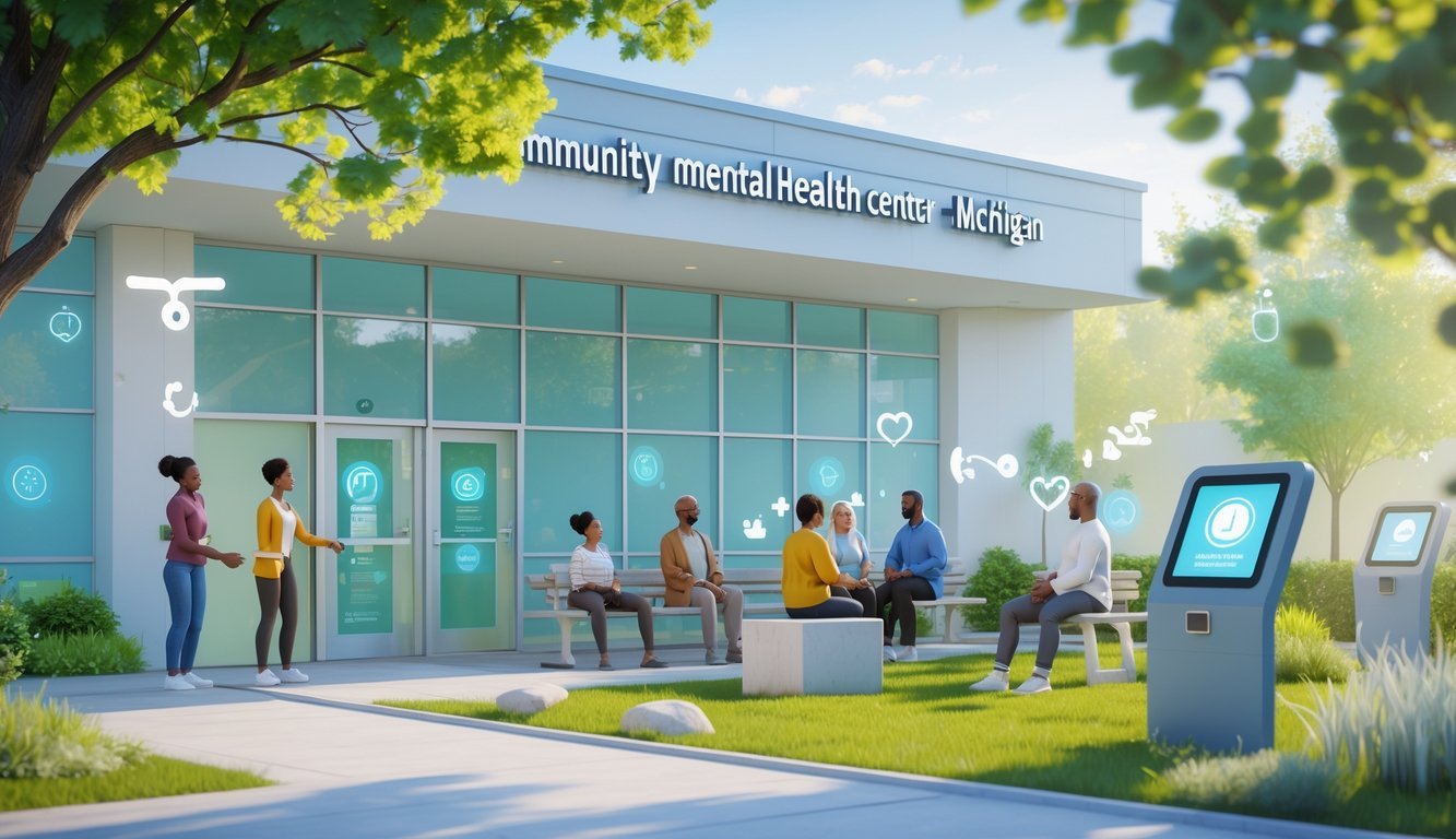 A community mental health center with diverse people interacting peacefully outdoors, surrounded by greenery and accessible features, symbolizing free mental health support.