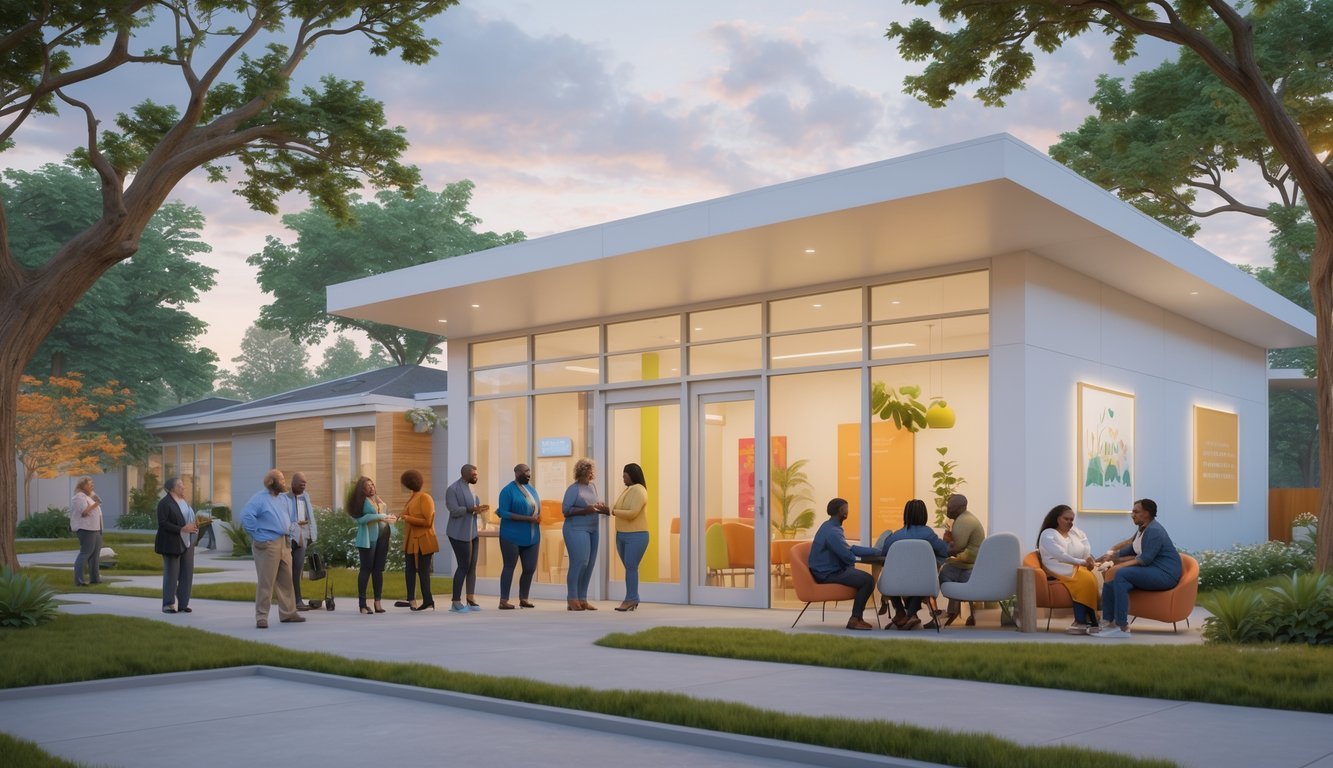A community support center with diverse people engaging in mental health support activities in a welcoming outdoor and indoor environment surrounded by greenery.