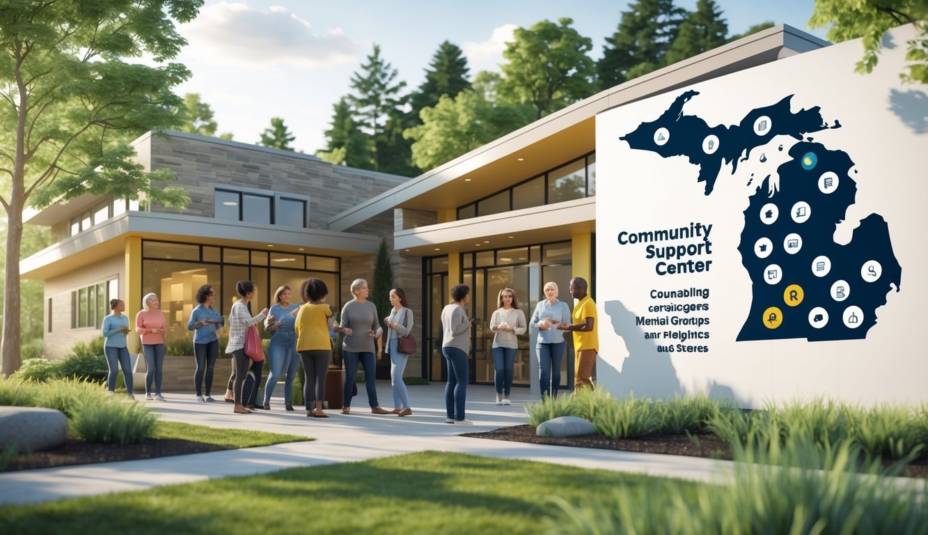 A community support center in Michigan with diverse people interacting outdoors near a large map sculpture highlighting mental health services across the state.