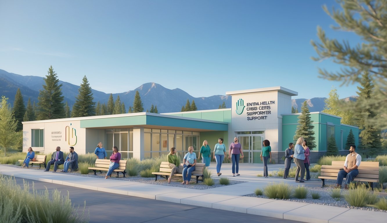 A peaceful mental health support center surrounded by Montana mountains and pine trees with people calmly interacting outside.