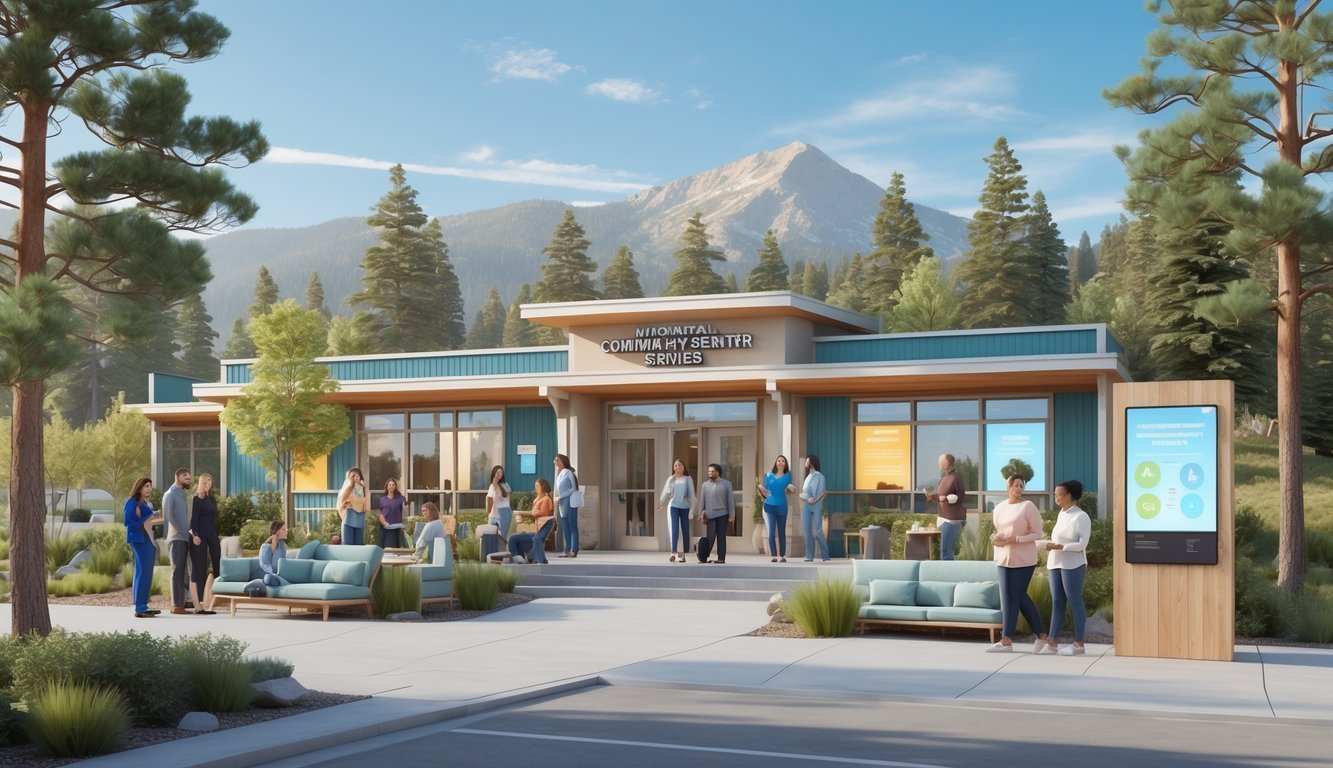 A community center in Montana surrounded by pine trees and mountains, with people engaging in supportive mental health activities outdoors.