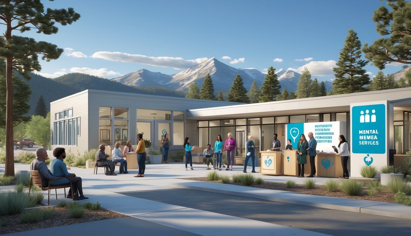 A community center in Montana surrounded by trees and mountains with diverse people engaging in supportive mental health activities outdoors.