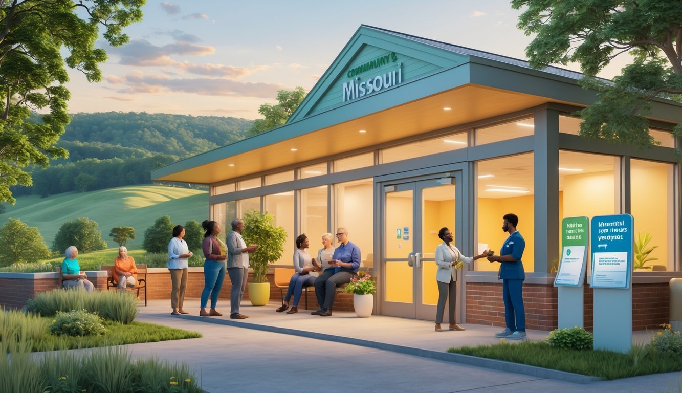 A community health center in Missouri with people receiving mental health support in a peaceful outdoor and indoor setting surrounded by nature.