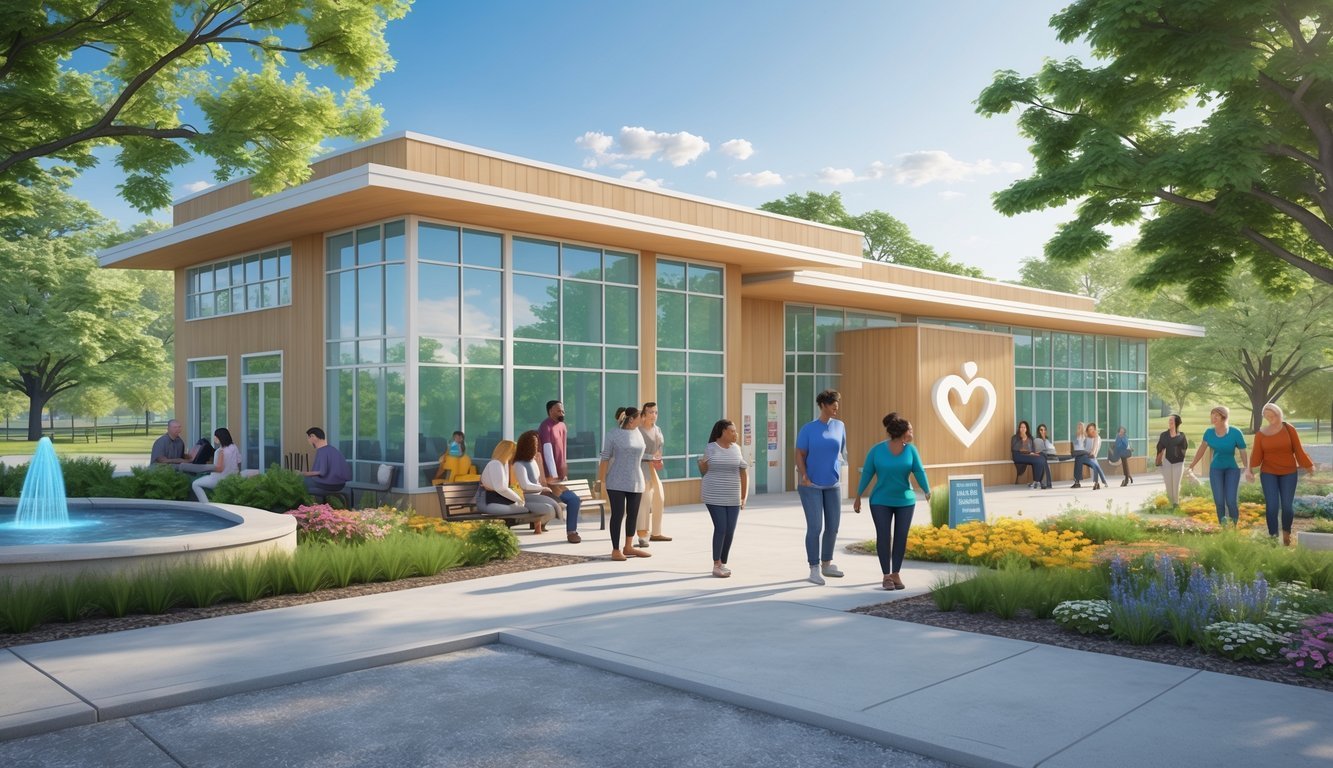 A community center in Nebraska with people talking and walking outside among trees and flowers, creating a welcoming and peaceful environment.