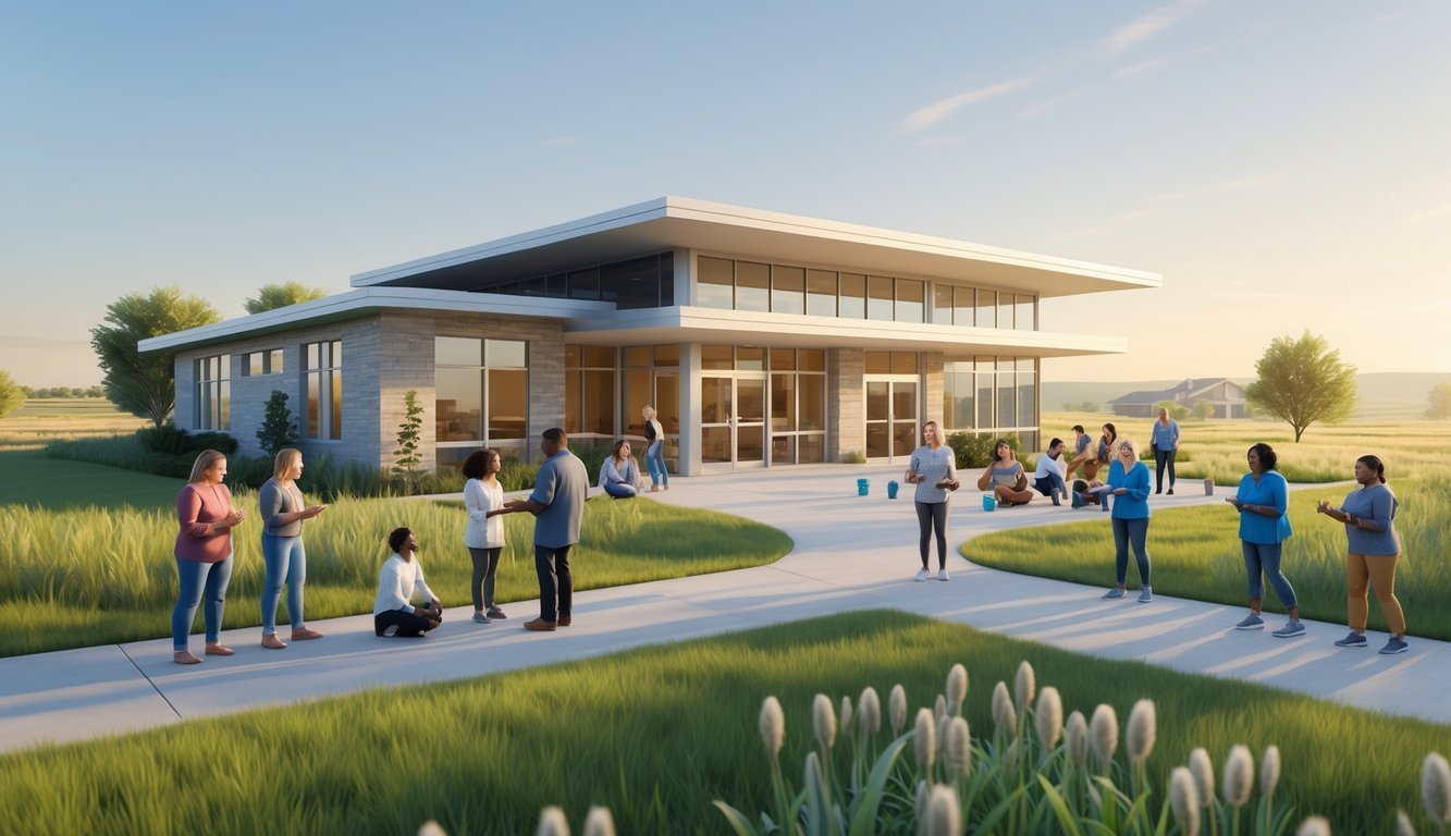 A community mental health center in Nebraska with people engaging in supportive activities outdoors and a peaceful rural landscape in the background.