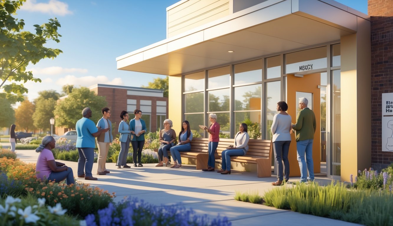 A community mental health center with diverse people interacting outside in a welcoming, sunny setting.