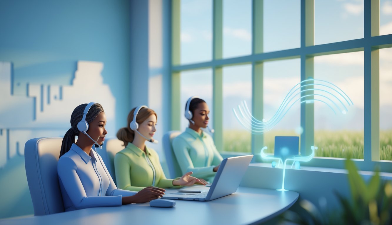A calm call center with diverse operators wearing headsets, set against a background showing Nebraska landscape, symbolizing mental health support and crisis assistance.