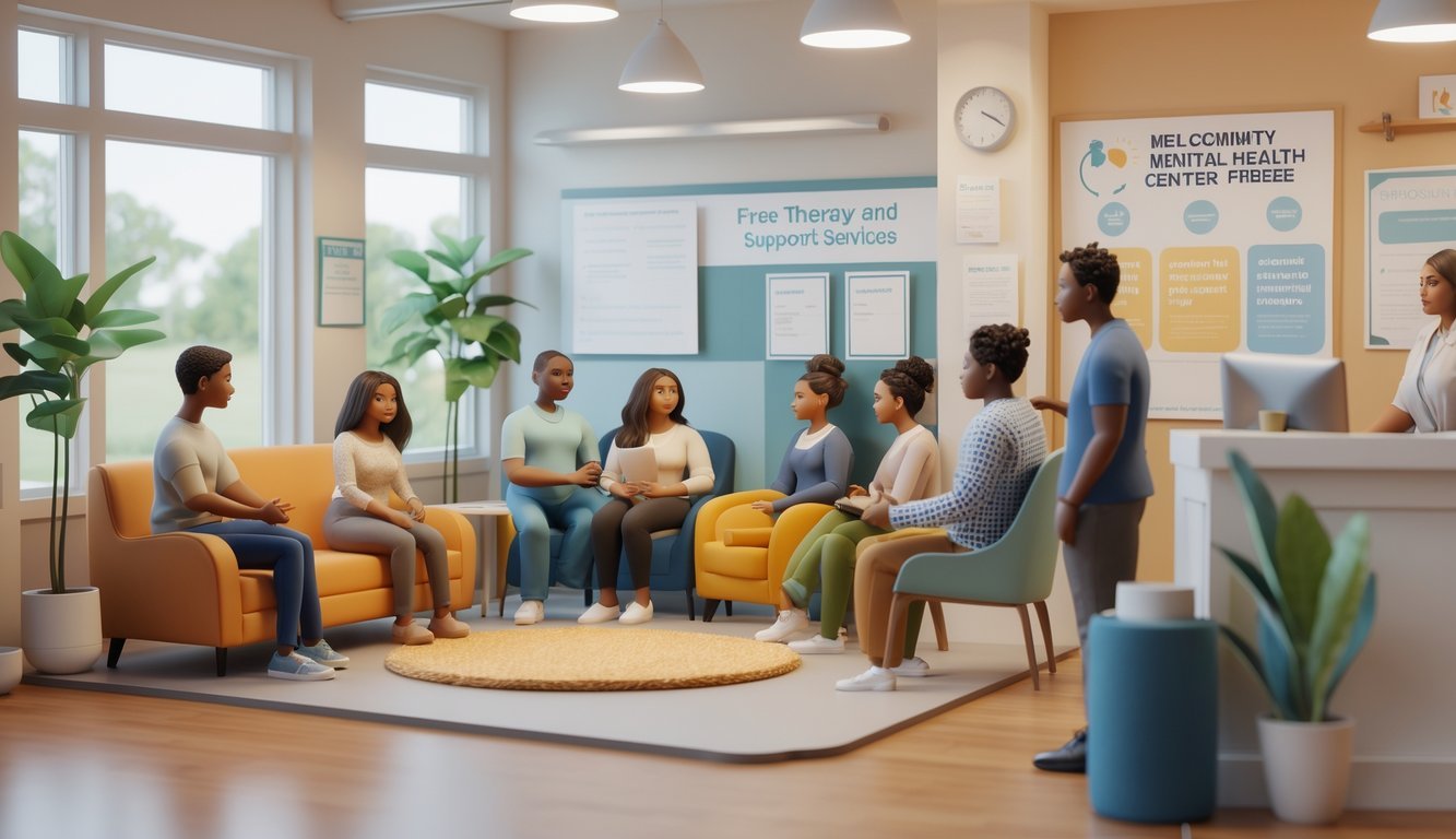 A welcoming mental health center with people receiving therapy and support in a bright, comfortable space.