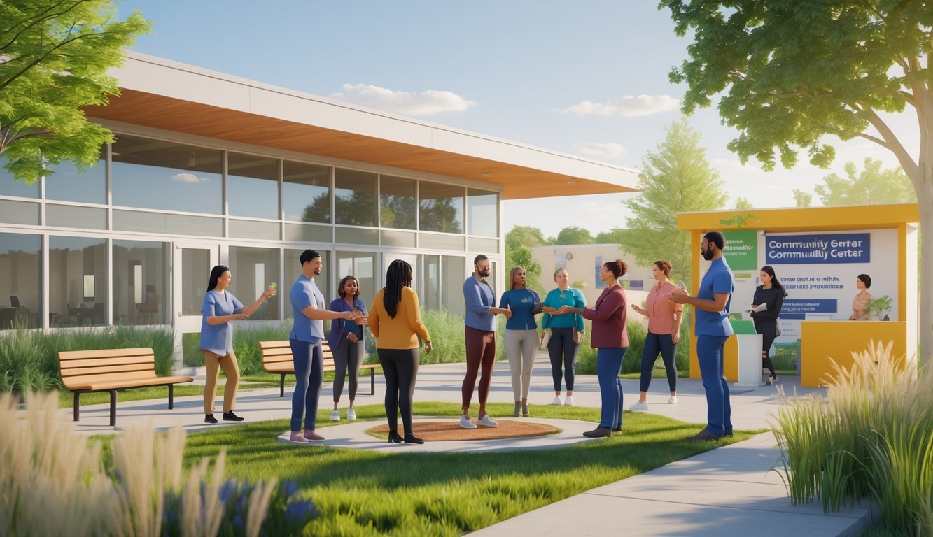 A community center scene with diverse people interacting outdoors and indoors, representing mental health support and local resources in Nebraska.