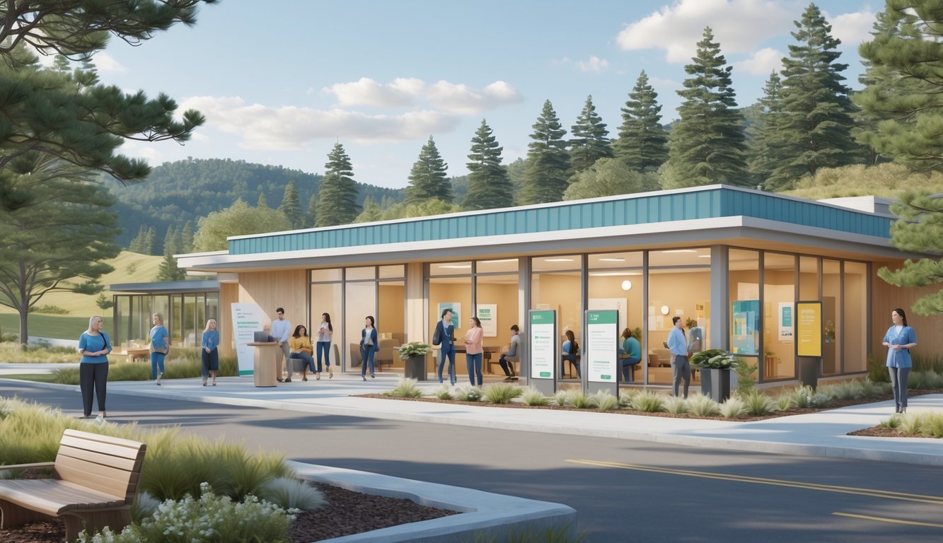 A mental health service center in a natural New Hampshire setting with people engaging in supportive activities outdoors and indoors.