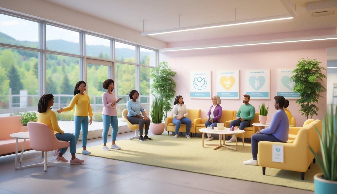 A bright community center lobby with people receiving mental health support and counseling, surrounded by natural views of forests and mountains.
