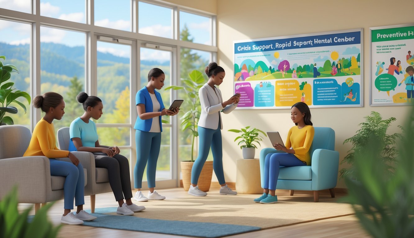 A group of people in a bright community center where a counselor comforts a distressed person, another receives guidance on a tablet, with nature visible outside and symbols of mental health support around them.