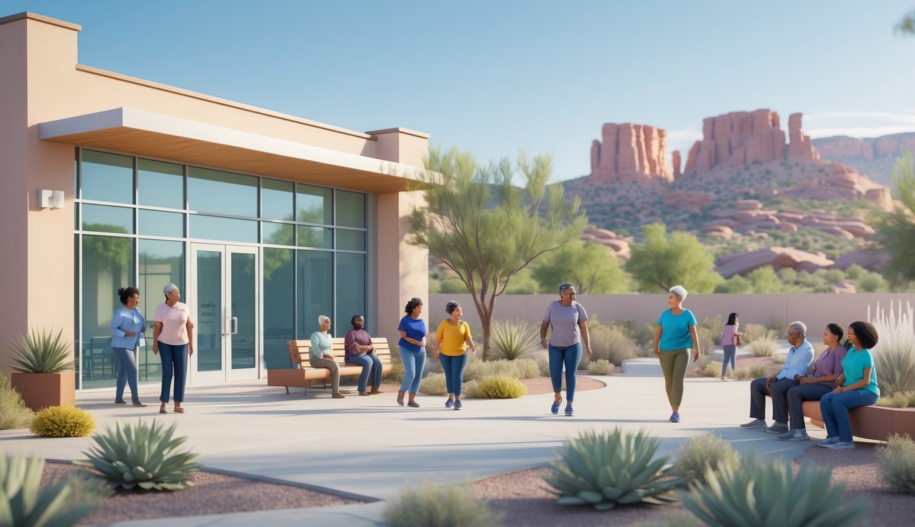 A modern mental health clinic in a desert setting with people of diverse backgrounds interacting peacefully outside.