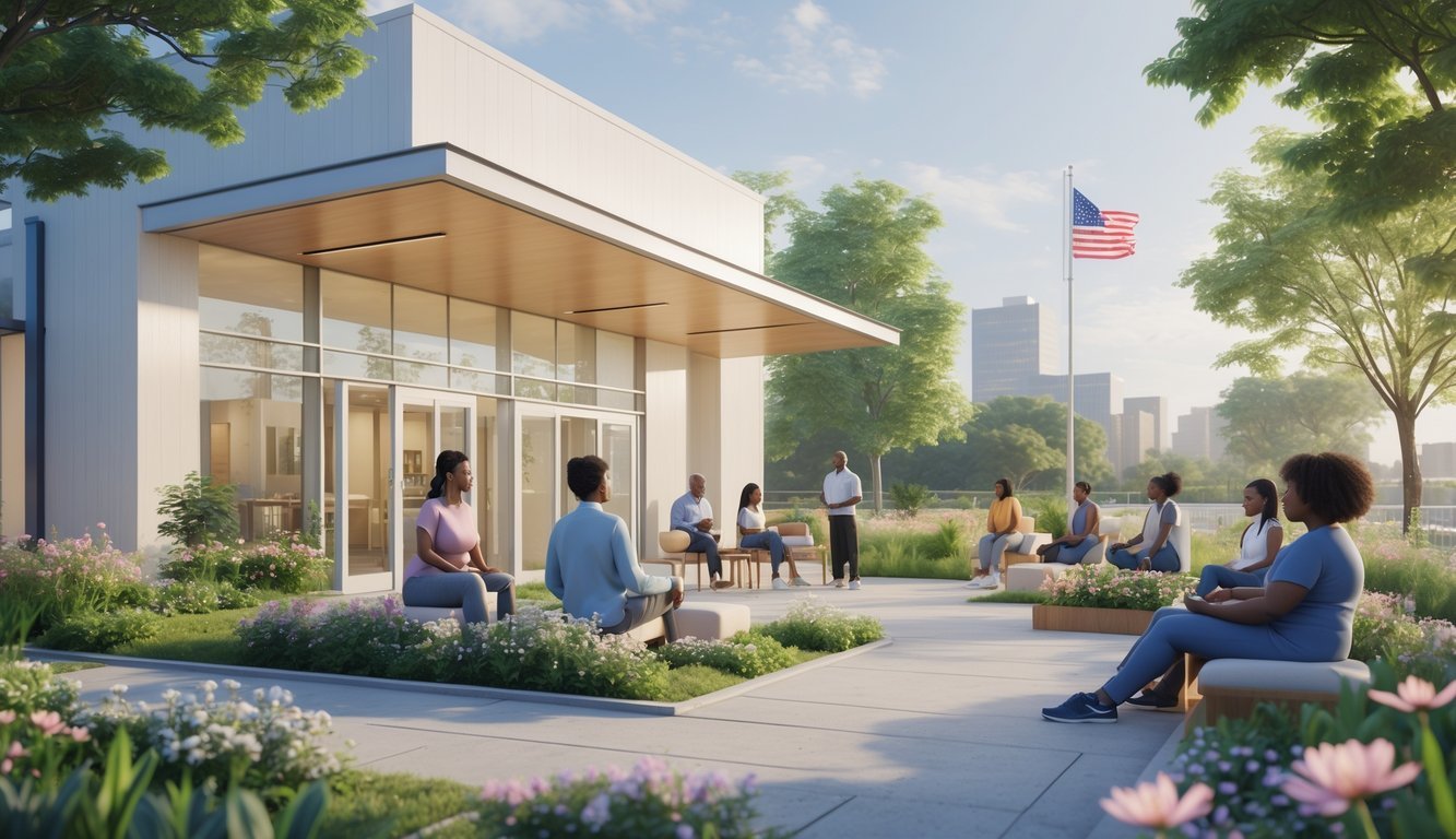 A welcoming mental health clinic in New Jersey with diverse people engaging in supportive activities outdoors in a peaceful garden setting.