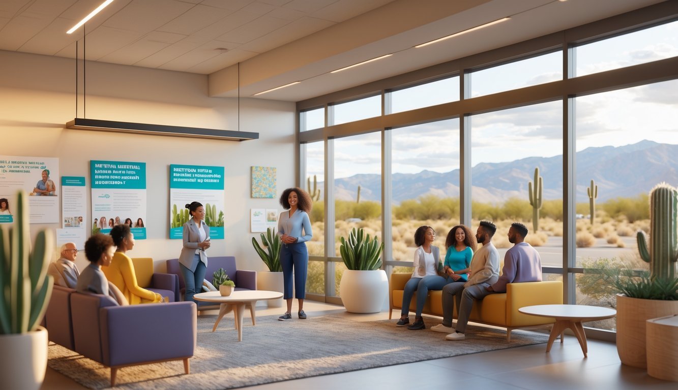 A bright and welcoming mental health clinic lobby with people talking and a receptionist, set against a sunny Nevada desert landscape.