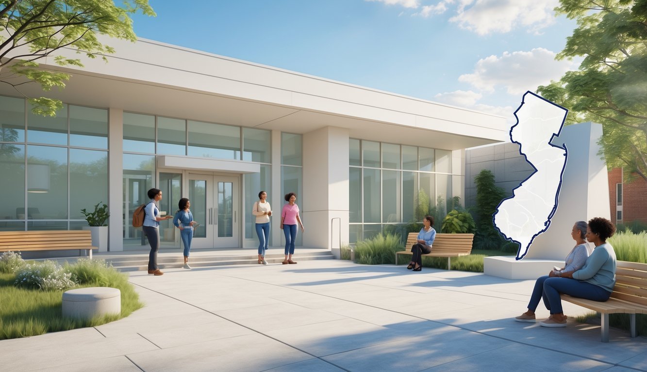 A community mental health center in New Jersey with people interacting outside and a map of New Jersey integrated into the scene.