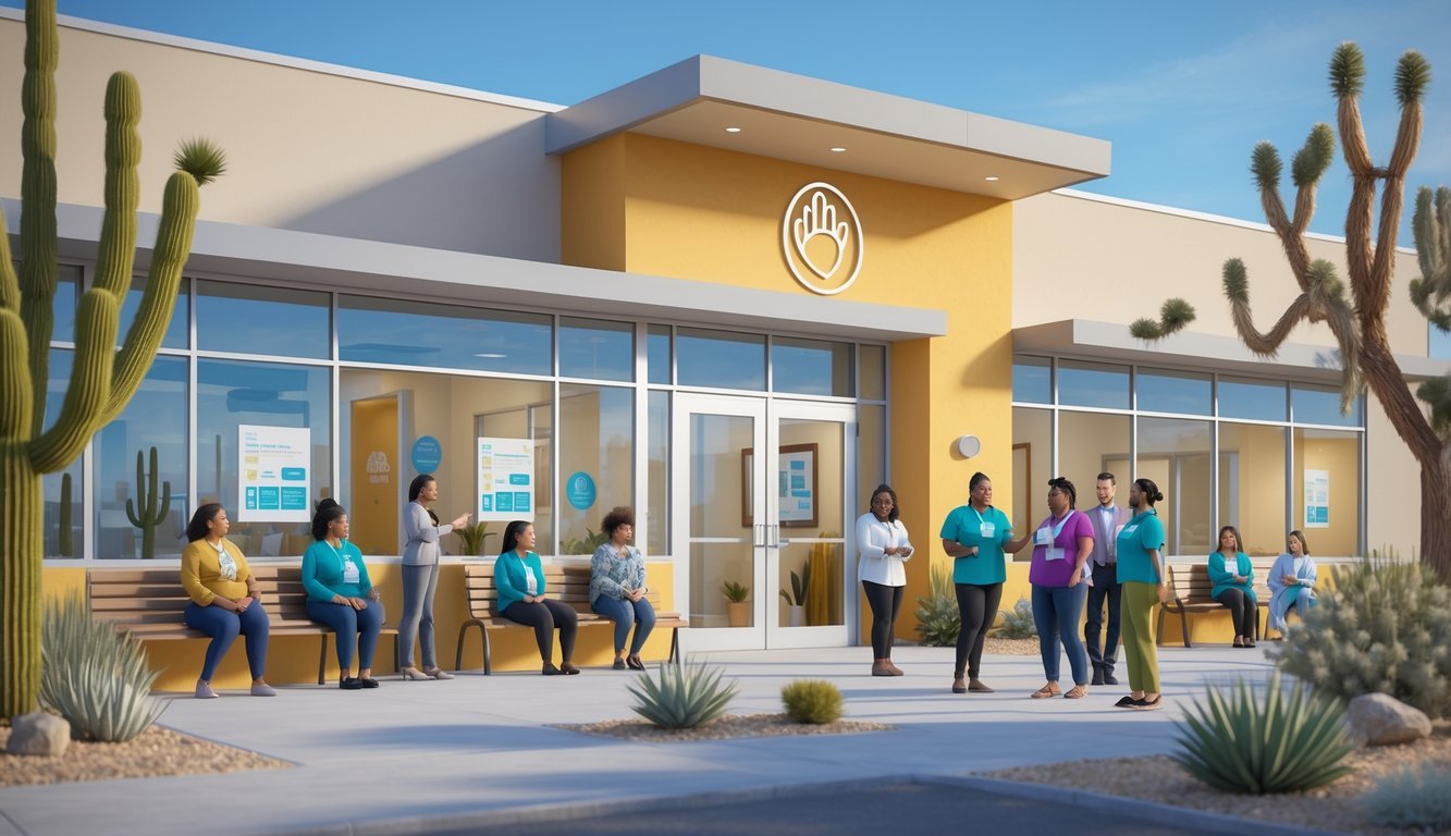 A community center in Nevada with people interacting and counselors providing support outdoors surrounded by desert plants.