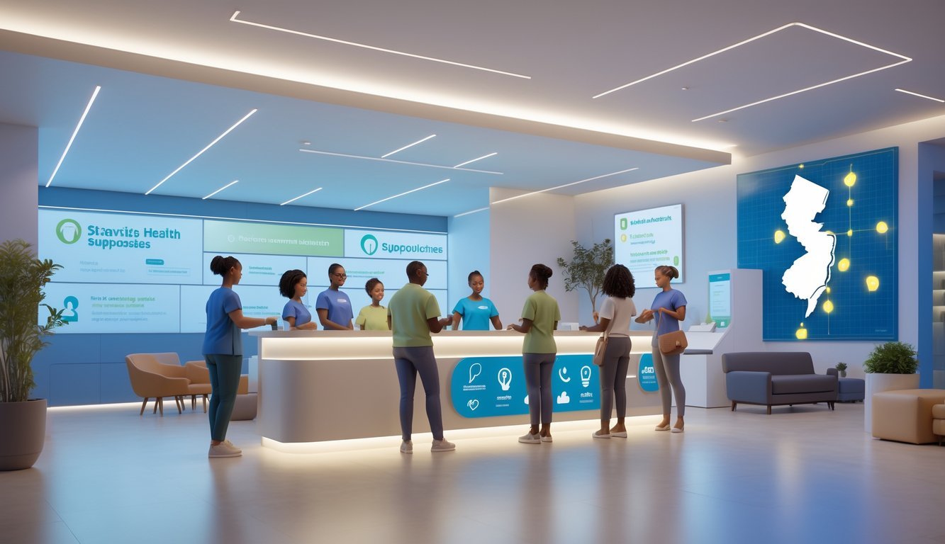 A welcoming mental health support center with diverse people receiving help, comfortable seating, and a glowing map of New Jersey showing available services.