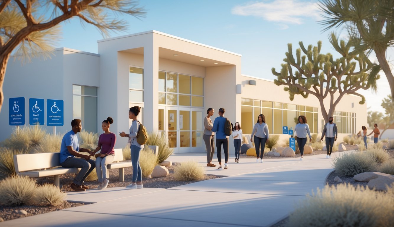 A 3D scene showing a bright mental health support center in Nevada with people engaging in supportive conversations outside, surrounded by desert plants and a clear sky.