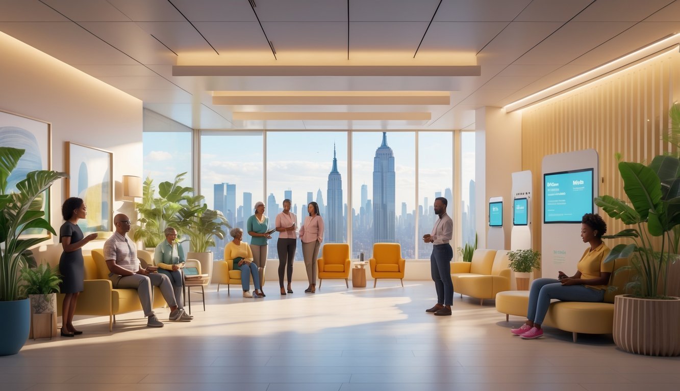 Interior of a welcoming mental health services center with diverse people being assisted by staff, plants, and a view of New York City through large windows.