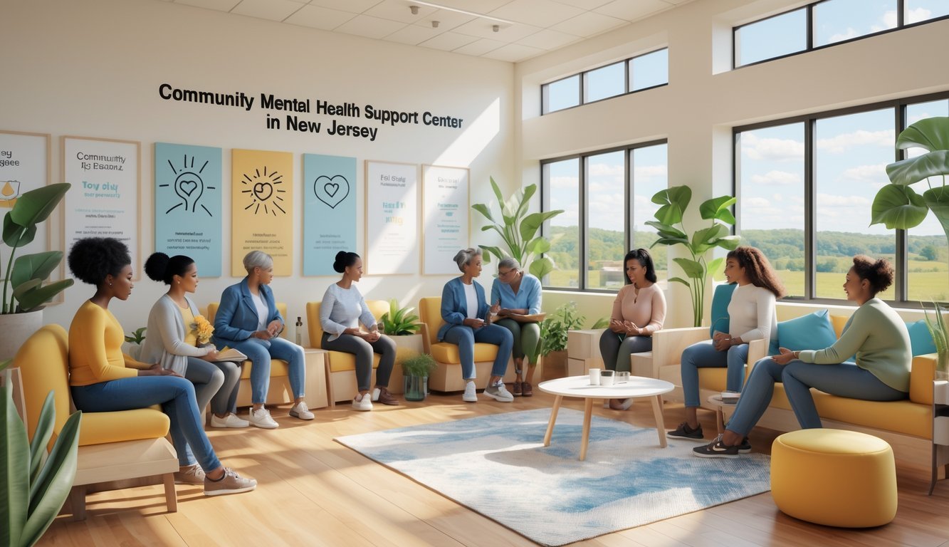 People of diverse backgrounds engaging in supportive conversations and activities inside a bright community mental health center with plants and natural light.